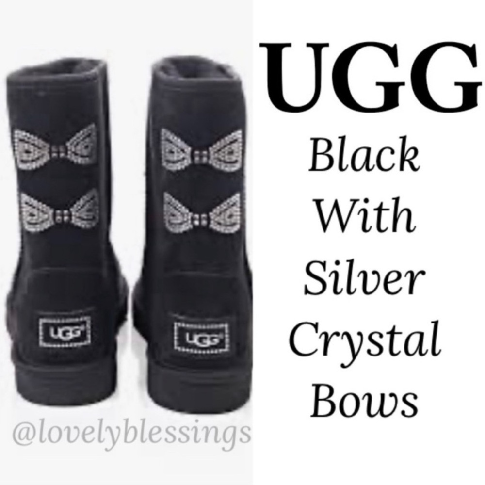 UGG Boots Classic Short Suede Silver Swarovski Crystal Glitter Bow Black Size 5